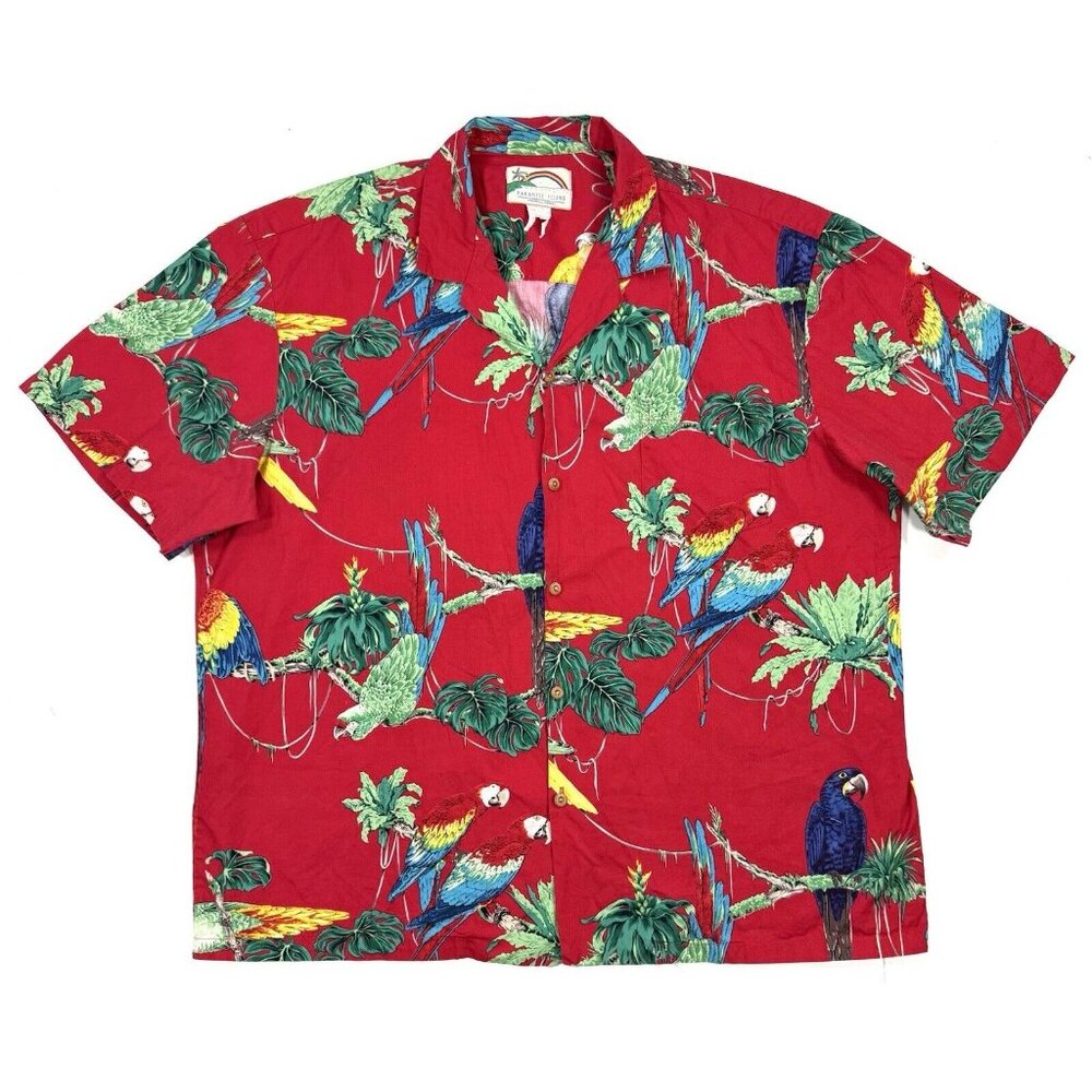 Vintage Paradise Found Hawaiian Shirt Mens Size 2XL Tropical Macaw Parrot Red